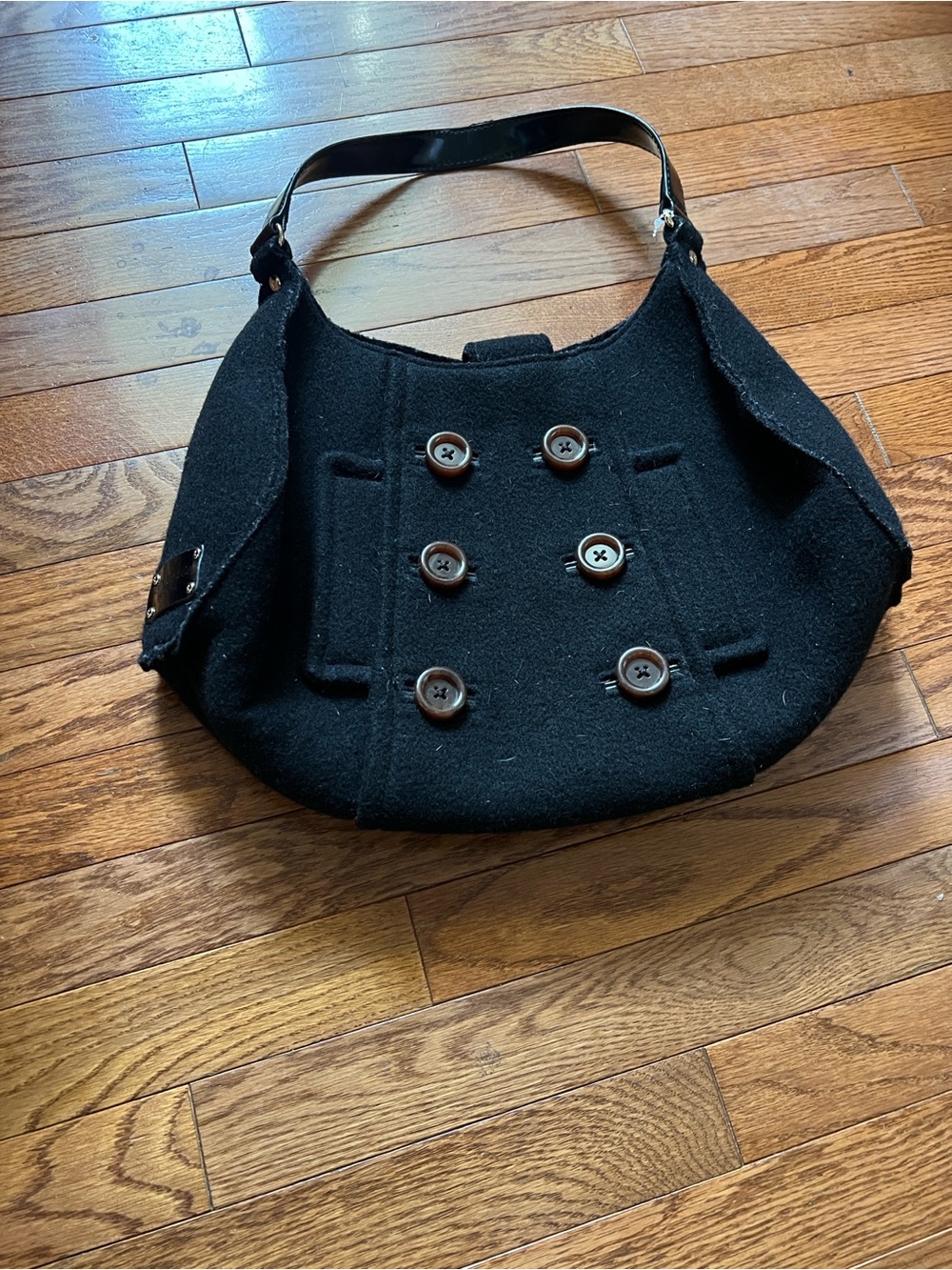 Kate spade Black Wool Double-Breasted Shoulder Bag with Brown Buttons